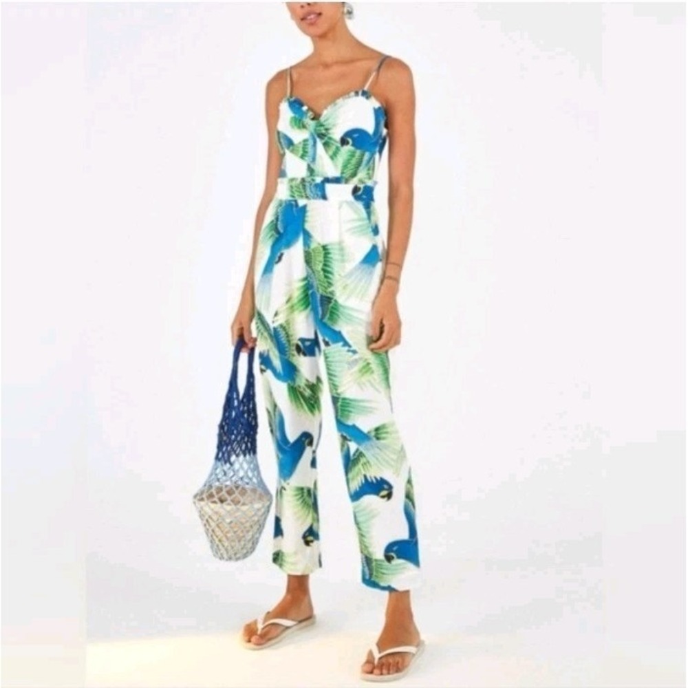 FARM Rio Blue & Green Parrot-Print Spaghetti-Strap Jumpsuit
